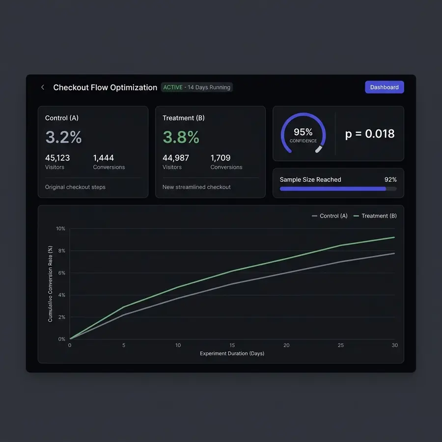 A/B testing framework dashboard showing experiment results and statistical significance